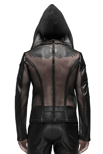 Gothic-Inspired Urban Leather Mesh Zip-Up Hoodie for Men